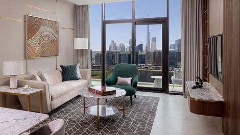 City skyline living room at InterContinental Dubai Business Bay